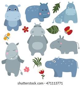 Set of different hippos on white background.