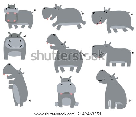 Set of different hippos on white background.