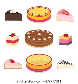 Set of different hipster cakes, cheesecakes, pies, pastry in flat style. Berry, jelly, cocoa, coffee cakes with cream.