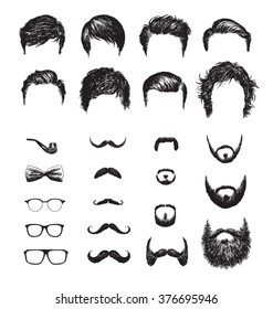 Set of different Hipster haircuts, beards, glasses, bowtie and pipe