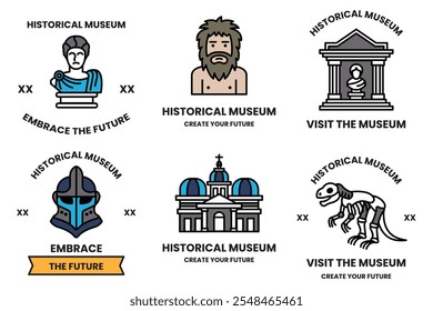 A set of different historical museum badges