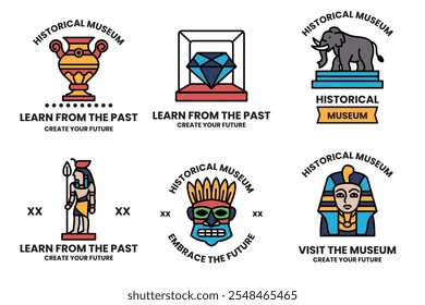 A set of different historical museum badges