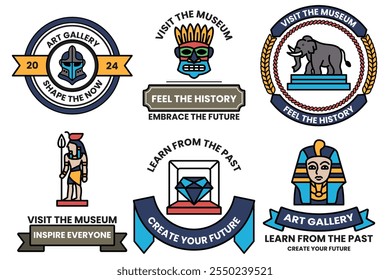 A set of different historical museum badges