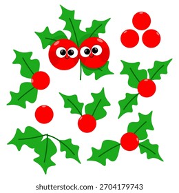 A set of different holly berries and leaves