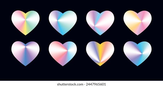 Set of different hologram stickers in heart shape. Metallic gradient hearts isolated on black background