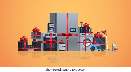 Set Different Home Appliances Wrapped With Red Ribbon Electric House Equipment Collection Flat Horizontal