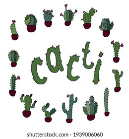 Set of different home cacti in pots. Vector illustration in doodle style. Cute hand drawn plants. Isolated on white background.
