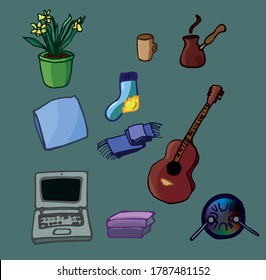 set of different home and comfortable objects, stay at home series 