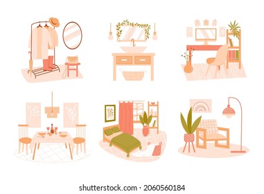 Set of different home interiors on a white background. Collection of furnished rooms: hallway, bathroom, workplace, kitchen, bedroom, living room. Vector flat illustration