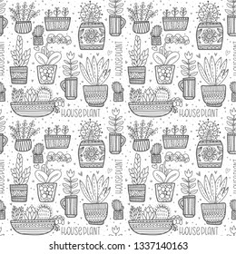 Set of different home plants in doodle style. Handdrawn pattern. Coloring page for adult and children