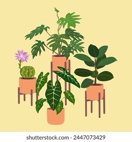 Set of different home plants in flowerpots on stands. Houseplants for cozy home decoration. Urban jungle. Hand drawn vector illustration isolated on yellow background, flat cartoon style.