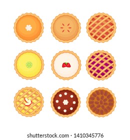 Set of different homemade pies. Pumpkin, apple, fruit, chocolate and pecan pies.  Flat cartoon style top view. Vector illustration isolated on white background.