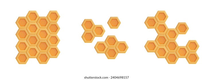 Set of different honeycombs 3D style, vector illustration isolated on white background. Decorative design elements collection, natural organic food, healthy product