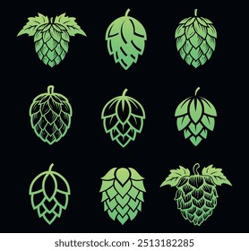 Conjunto de diferentes flores de lúpulo. Silueta verde de lúpulo para el logotipo de la cerveza. Icono de saltos sobre un fondo oscuro