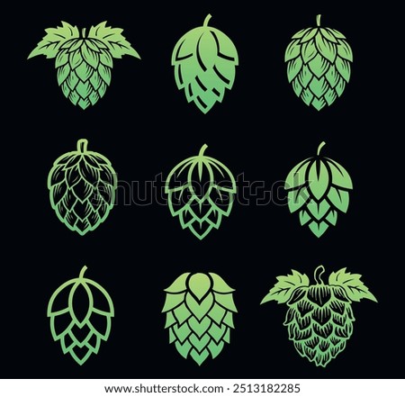 Set of different hop flowers. Green silhouette of hops for beer logo. Hops icon on a dark background