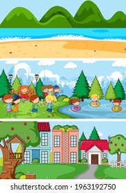 Set of different horizon scenes background with doodle kids cartoon character illustration