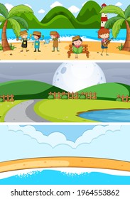 Set of different horizon scenes background with doodle kids cartoon character illustration