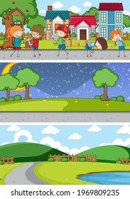 Set of different horizon scenes background with doodle kids cartoon character illustration