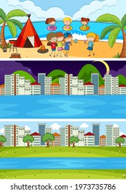 Set Set mit verschiedenen Horizontszenen-Hintergrund mit doodle-kids-Zeichentariografik