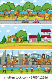 Set of different horizon scenes background with doodle kids cartoon character illustration