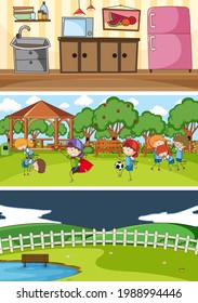 Set of different horizon scenes background with doodle kids cartoon character illustration