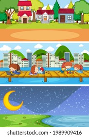 Set of different horizon scenes background with doodle kids cartoon character illustration