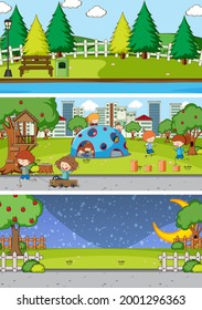 Set Set mit verschiedenen Horizontszenen-Hintergrund mit doodle-kids-Zeichentariografik