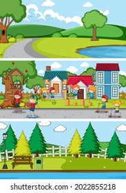 Set Set mit verschiedenen Horizontszenen-Hintergrund mit doodle-kids-Zeichentariografik
