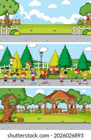 Conjunto de diferentes escenas del horizonte con dibujos animados de niños de doodle