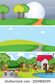 Set of different horizon scenes background with doodle kids cartoon character illustration