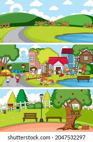 Set of different horizon scenes background with doodle kids cartoon character illustration