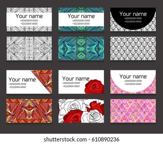 Set of different horizontal  business cards templates. Boho patterns and flowers. Corporative element for your design