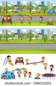 Set of different horizontal park scenes with doodle kids cartoon character illustration