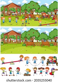 Set of different horizontal playground scenes with doodle kids cartoon character illustration
