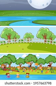 Set of different horizontal scenes background with doodle kids cartoon character illustration