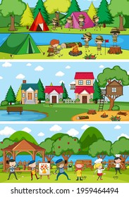 Set of different horizontal scenes background with doodle kids cartoon character illustration