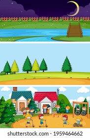 Set of different horizontal scenes background with doodle kids cartoon character illustration