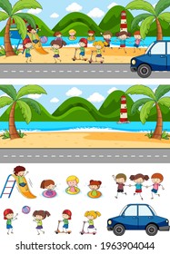 Set of different horizontal scenes background with doodle kids cartoon character illustration