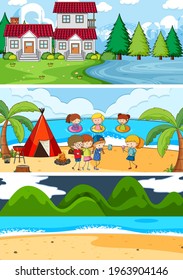 Set of different horizontal scenes background with doodle kids cartoon character illustration