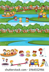 Set of different horizontal scenes background with doodle kids cartoon character illustration