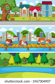 Set of different horizontal scenes background with doodle kids cartoon character illustration