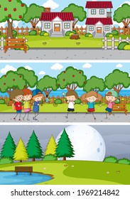 Set of different horizontal scenes background with doodle kids cartoon character illustration