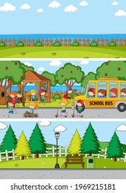 Set of different horizontal scenes background with doodle kids cartoon character illustration