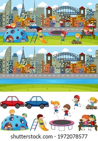 Set of different horizontal scenes background with doodle kids cartoon character illustration