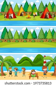 Set of different horizontal scenes background with doodle kids cartoon character illustration