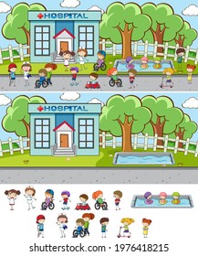 Set of different horizontal scenes background with doodle kids cartoon character illustration