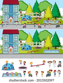 Set of different horizontal scenes background with doodle kids cartoon character illustration