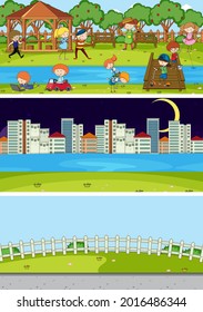 Set of different horizontal scenes background with doodle kids cartoon character illustration