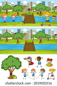 Set of different horizontal scenes background with doodle kids cartoon character illustration