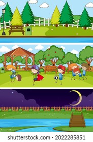 Set of different horizontal scenes background with doodle kids cartoon character illustration